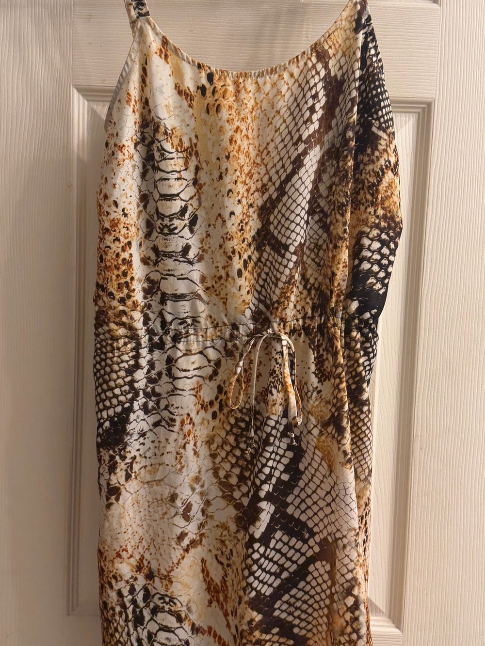Snake-Print Drawstring Slip Dress in Brown and Cream